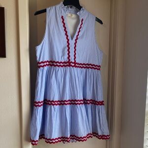 entro Blue and White Striped Sleeveless Mini Dress with Red Ric-Rac Trim